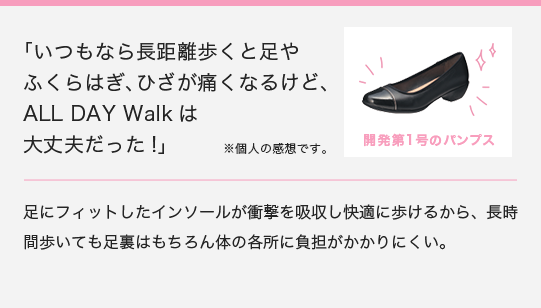 「いつもなら長距離歩くと足やふくらはぎ、ひざが痛くなるけど、ALL DAY Walkは大丈夫だった！」　足にフィットしたインソールが衝撃を吸収し快適に歩けるから、長時間歩いても足裏はもちろん体の各所に負担がかかりにくい。